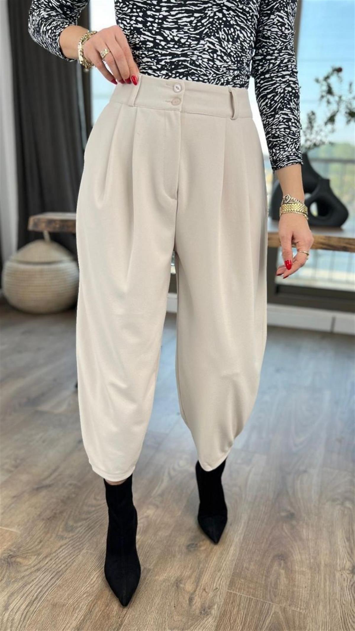 Likralı Kumaş Şalvar Kesim Kumaş Pantolon-Bej