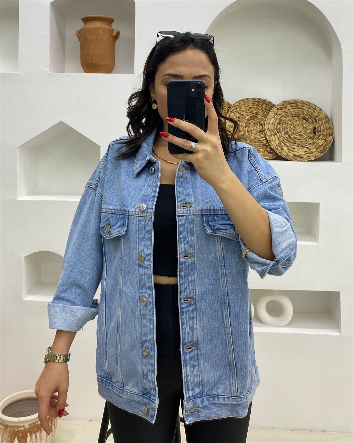 Oversize Düğmeli Orjinal Marka Denim Ceket-Mavi