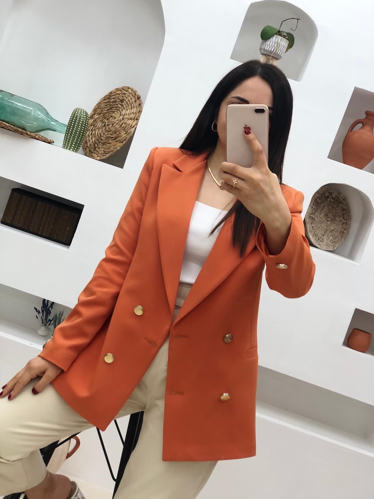 Sarı Düğmeli Ara Boy Ceket-Oranj