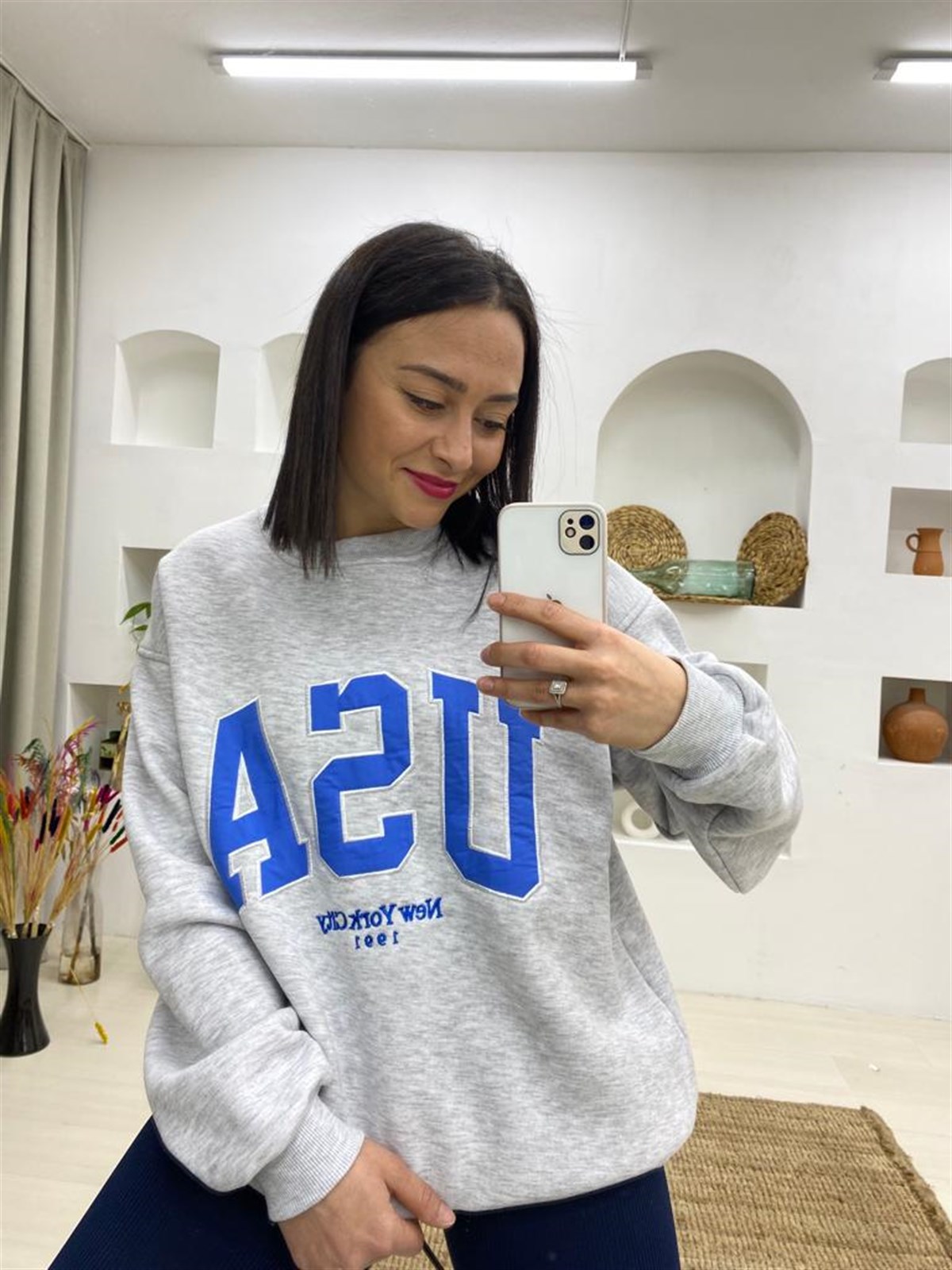 USA Yazılı Oversize Salaş Sweatshirt-Gri