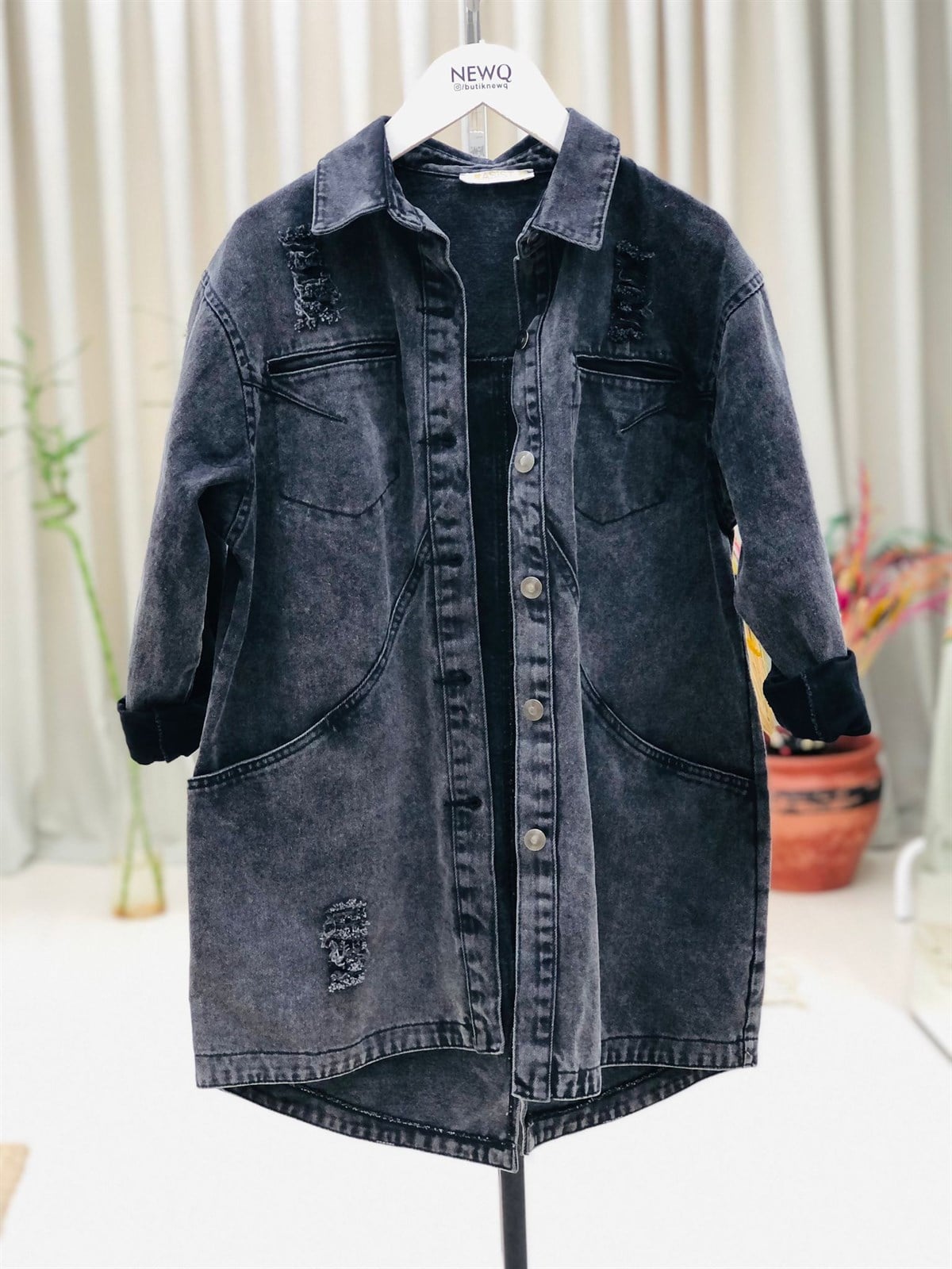 Uzun Yırtıklı Boyfrend Denim Ceket Gömlek-Füme