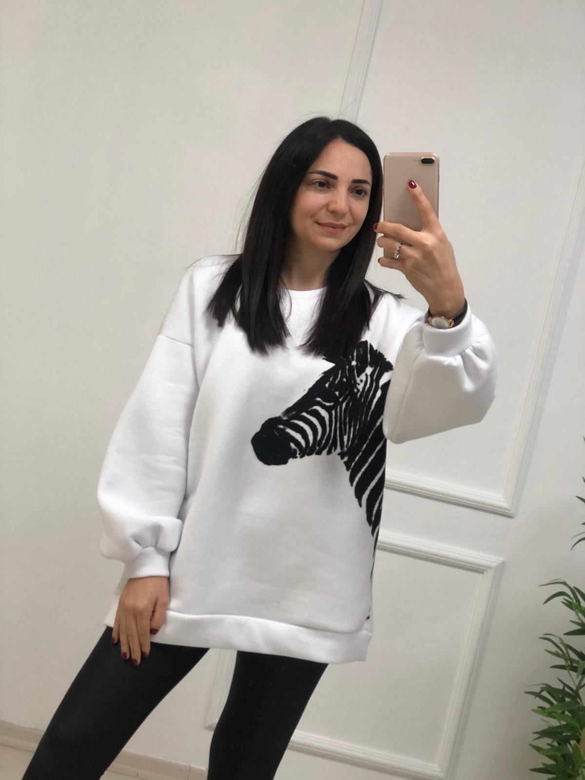 Zebra Desen Sweatshirt-Beyaz
