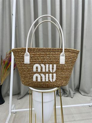 Kadın Miu Miu Yazılı Hasır Çanta-Ekru