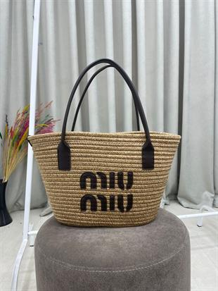 Kadın Miu Miu Yazılı Hasır Çanta-Kahve