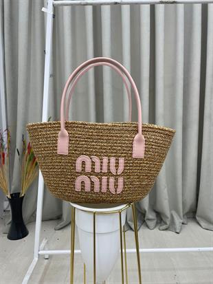 Kadın Miu Miu Yazılı Hasır Çanta-Pudra