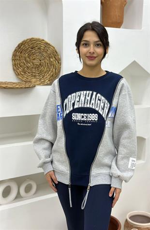 Önü Fermuar Detaylı İçi Şardonlu Üç İplik Yazılı Baskılı Sweatshirt-Gri