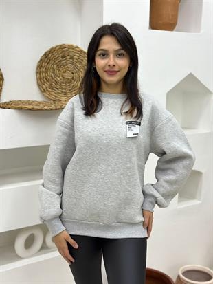 Sırtı Fermuarlı Ve Yazı Baskılı Üç İplik İçi Şardonlu Oversize Sweatshirt-Gri