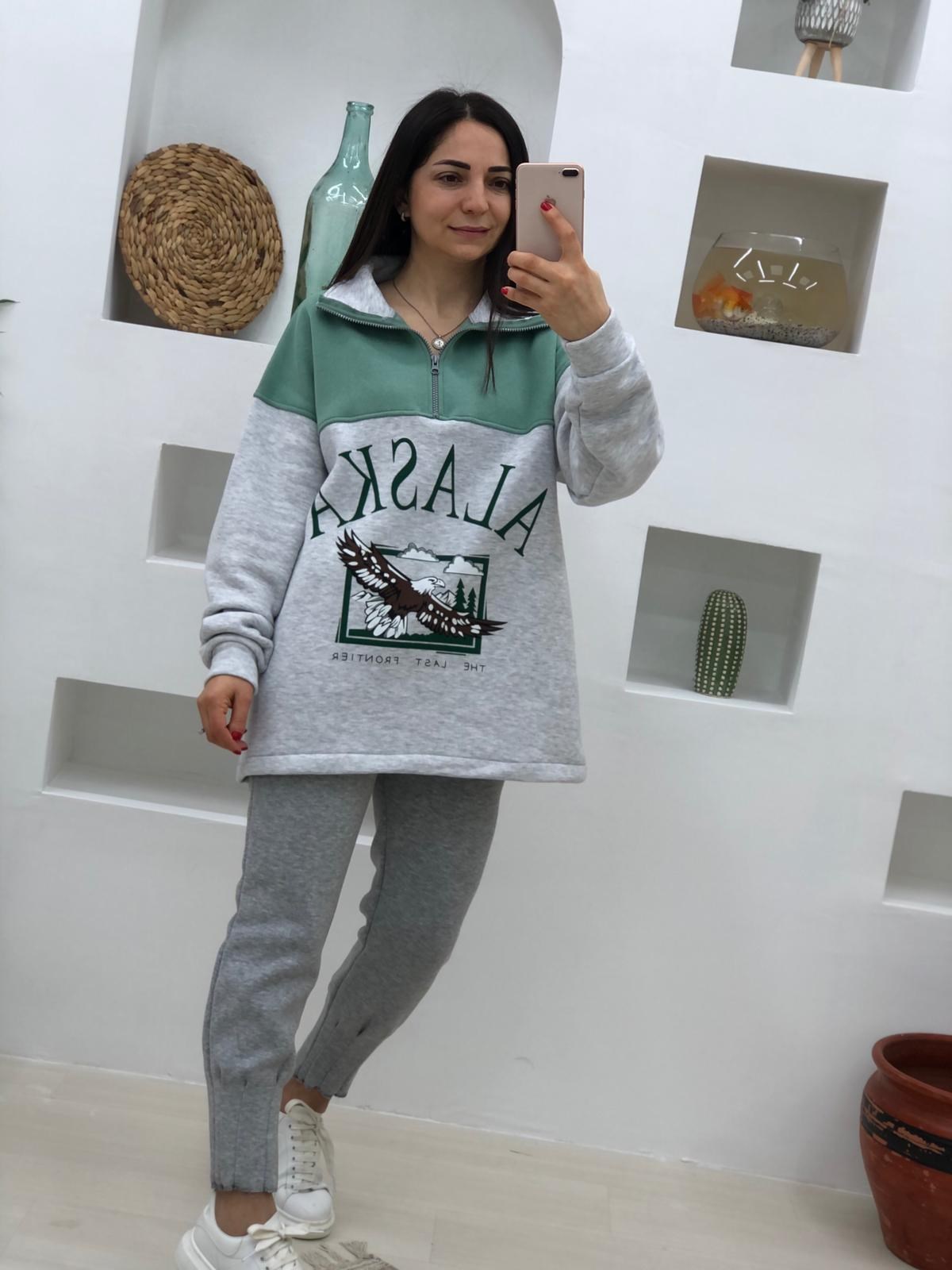 Alaska Yazılı Yaka Kısmı Fermuarlı Salaş Sweatshirt-Gri