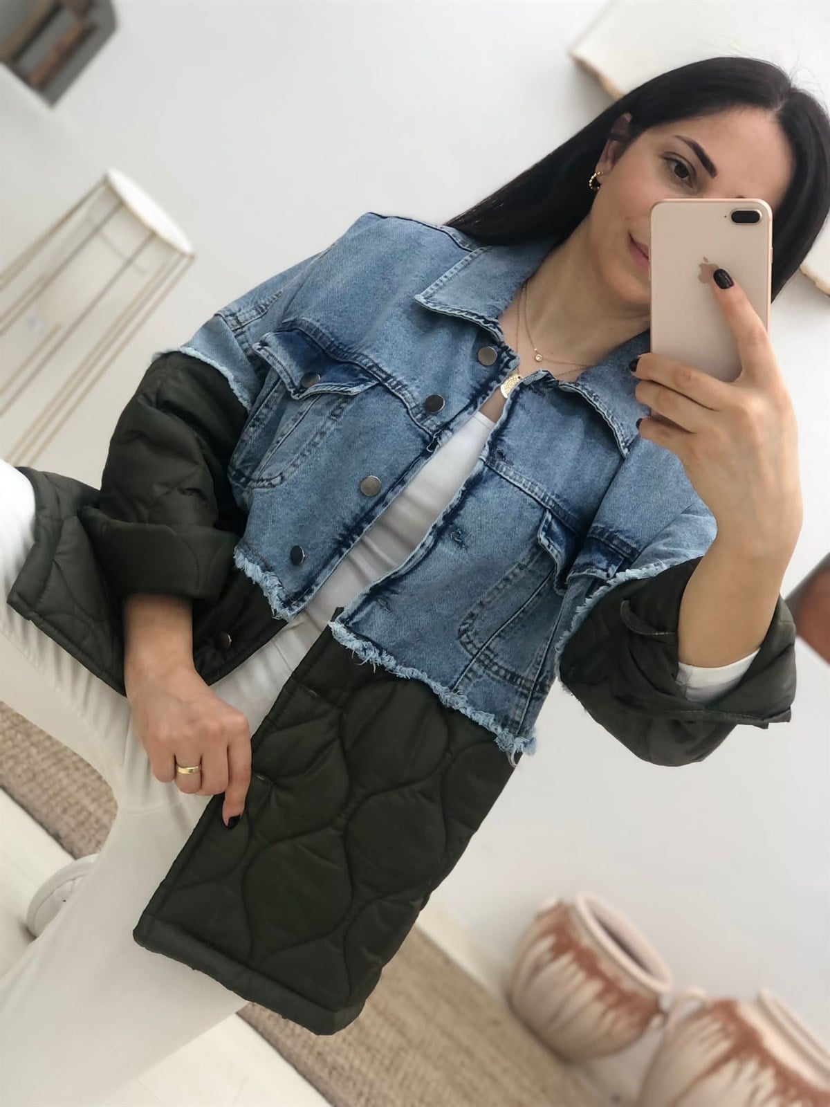 Alt Kısmı Kapitone Üst Kısmı Denim Mevsimlik Ceket-Mavi