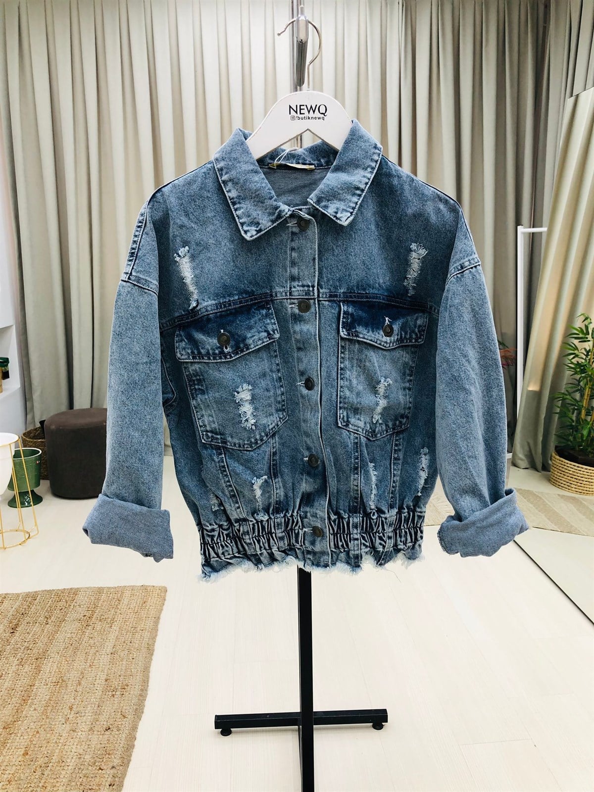 Alt Kısmı Lastikli Kısa Denim Ceket-Mavi