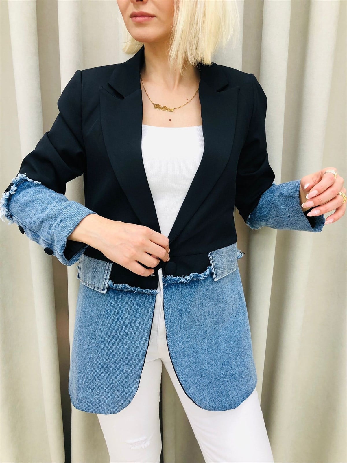 Altı Denim Parçalı Tek Düğmeli Vatkalı Ceket-Siyah