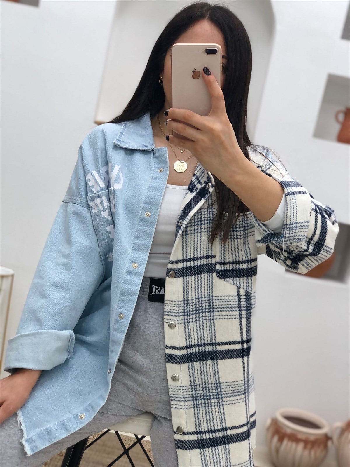 Altı Püsküllü Yarısı Ekose Desenli Denim Gömlek-BuzMavi