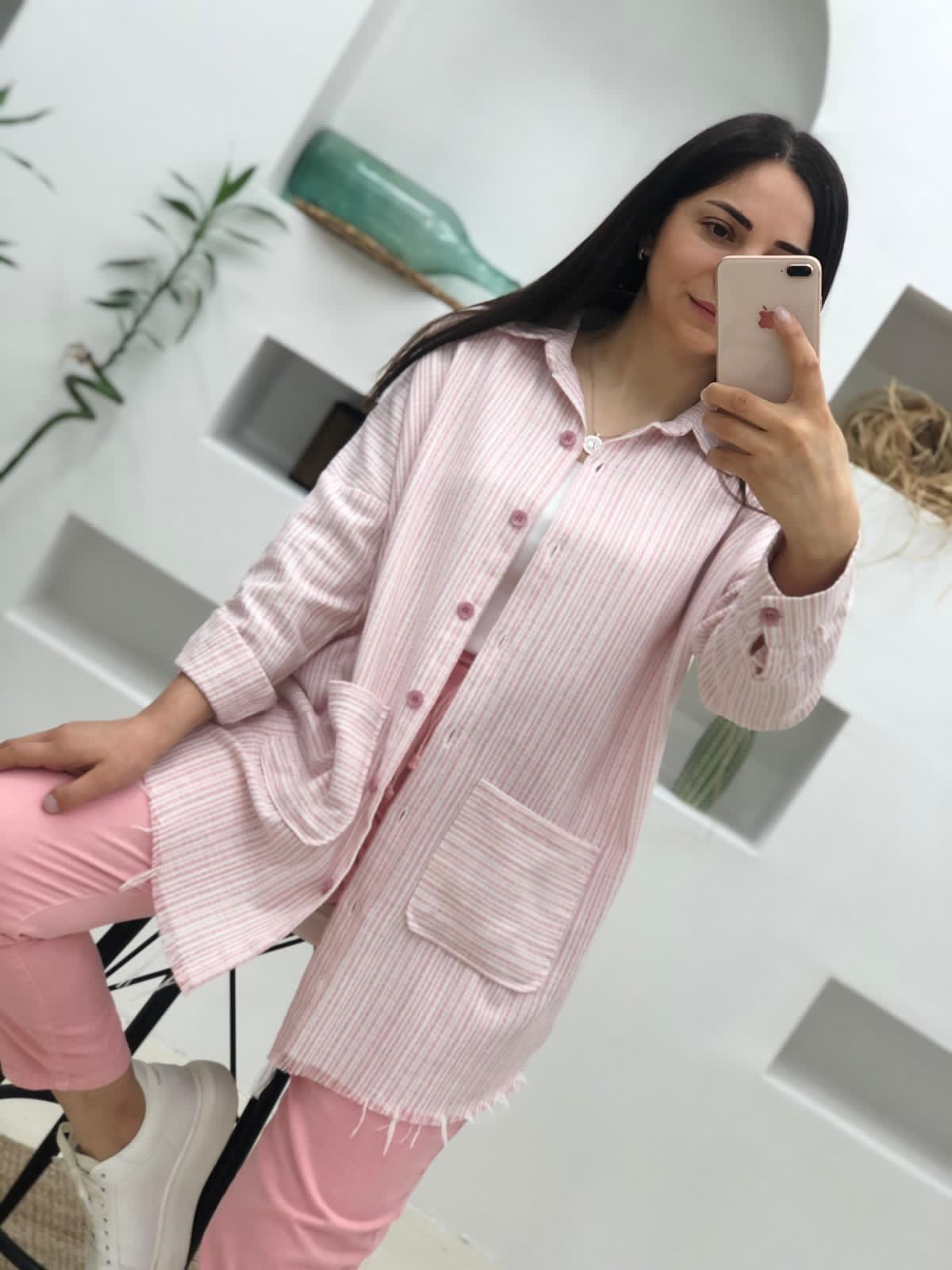 Altı Saçaklı Çizgili Salaş Gömlek-Pembe