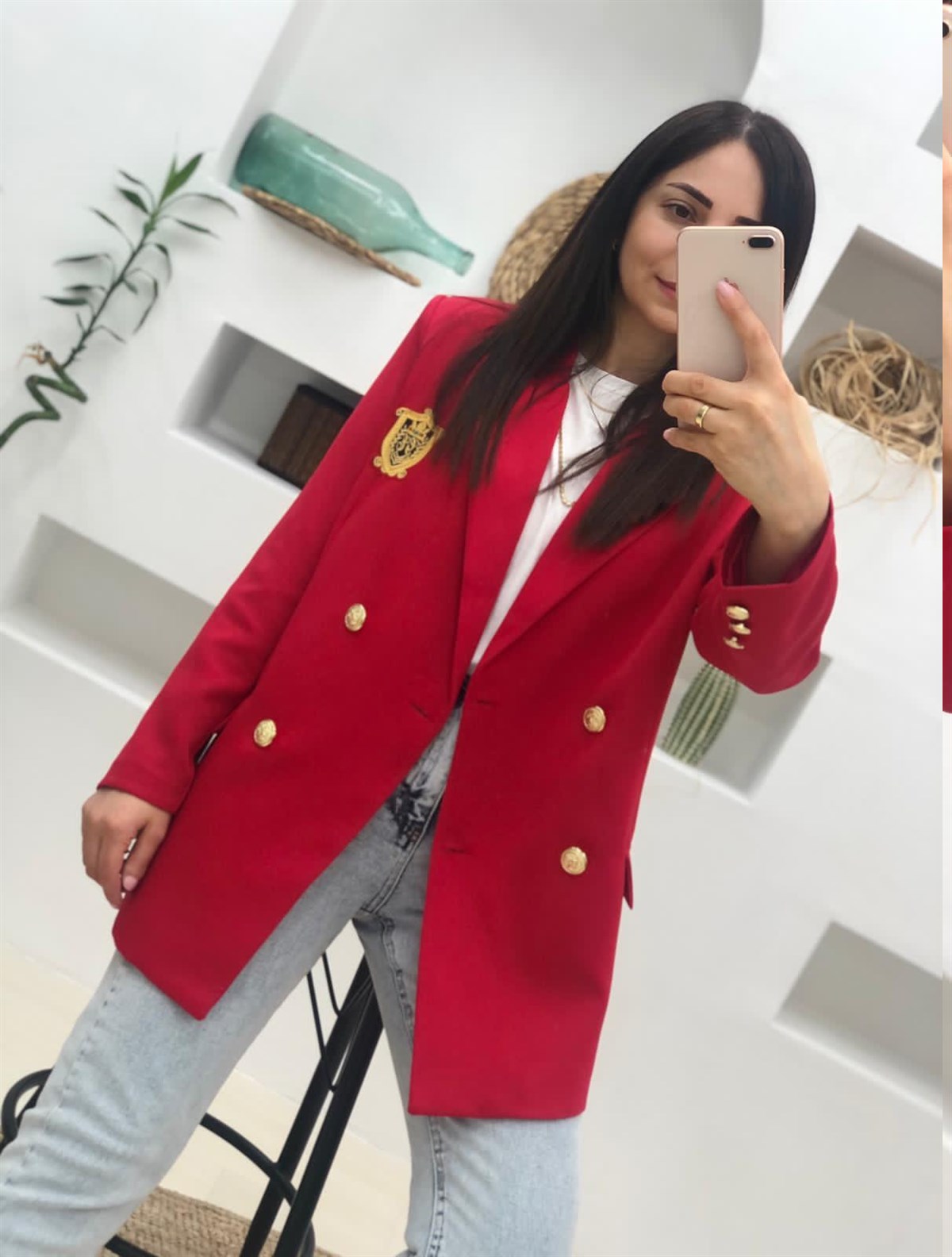 Armalı Sarı Düğmeli Ceket-Kırmızı