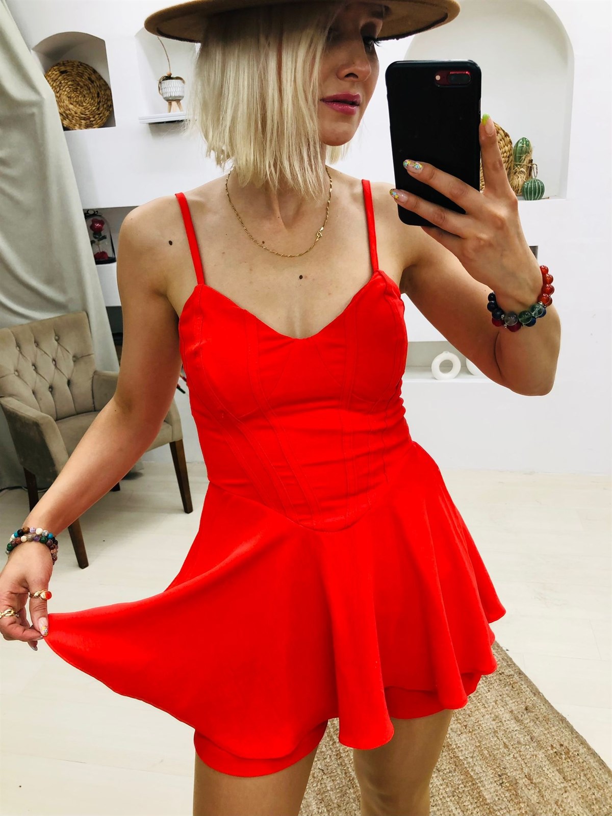 Askılı İçi Şortlu Tulum-Nar Çiçeği