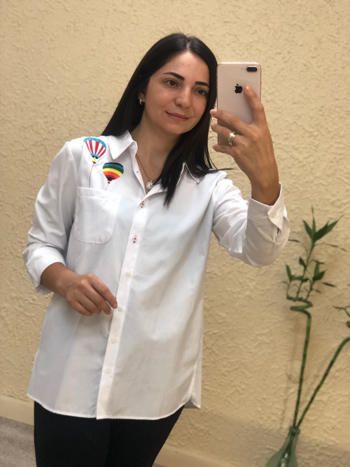 Balon Nakış Detaylı Gömlek-Beyaz
