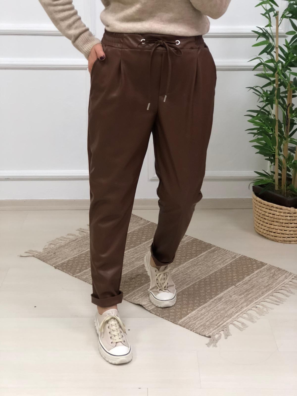 Bel Kısmı Lastikli Deri Pantolon-Kahve