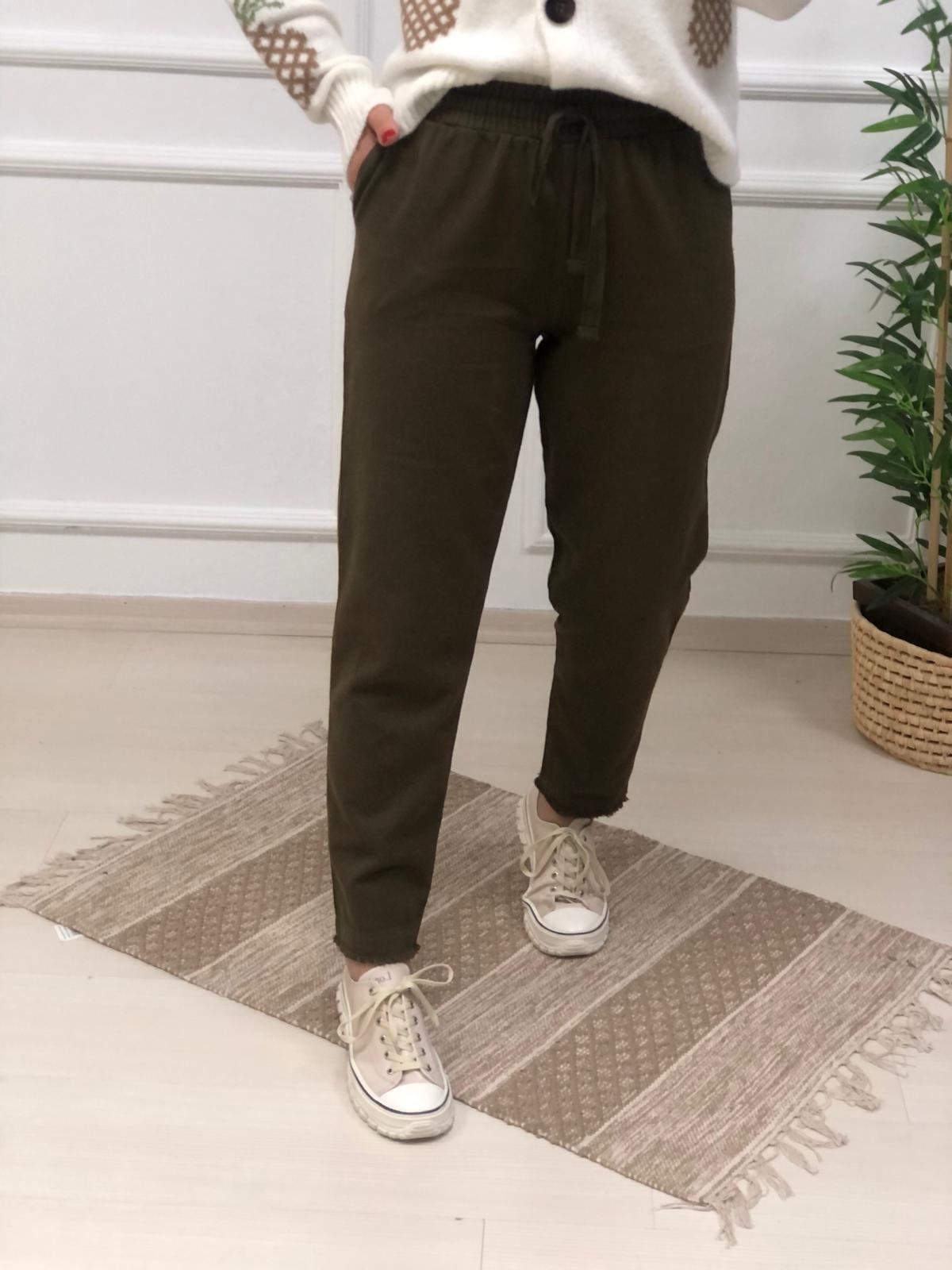 Bel Lastikli Paça Püsküllü Keten Pantolon-Haki