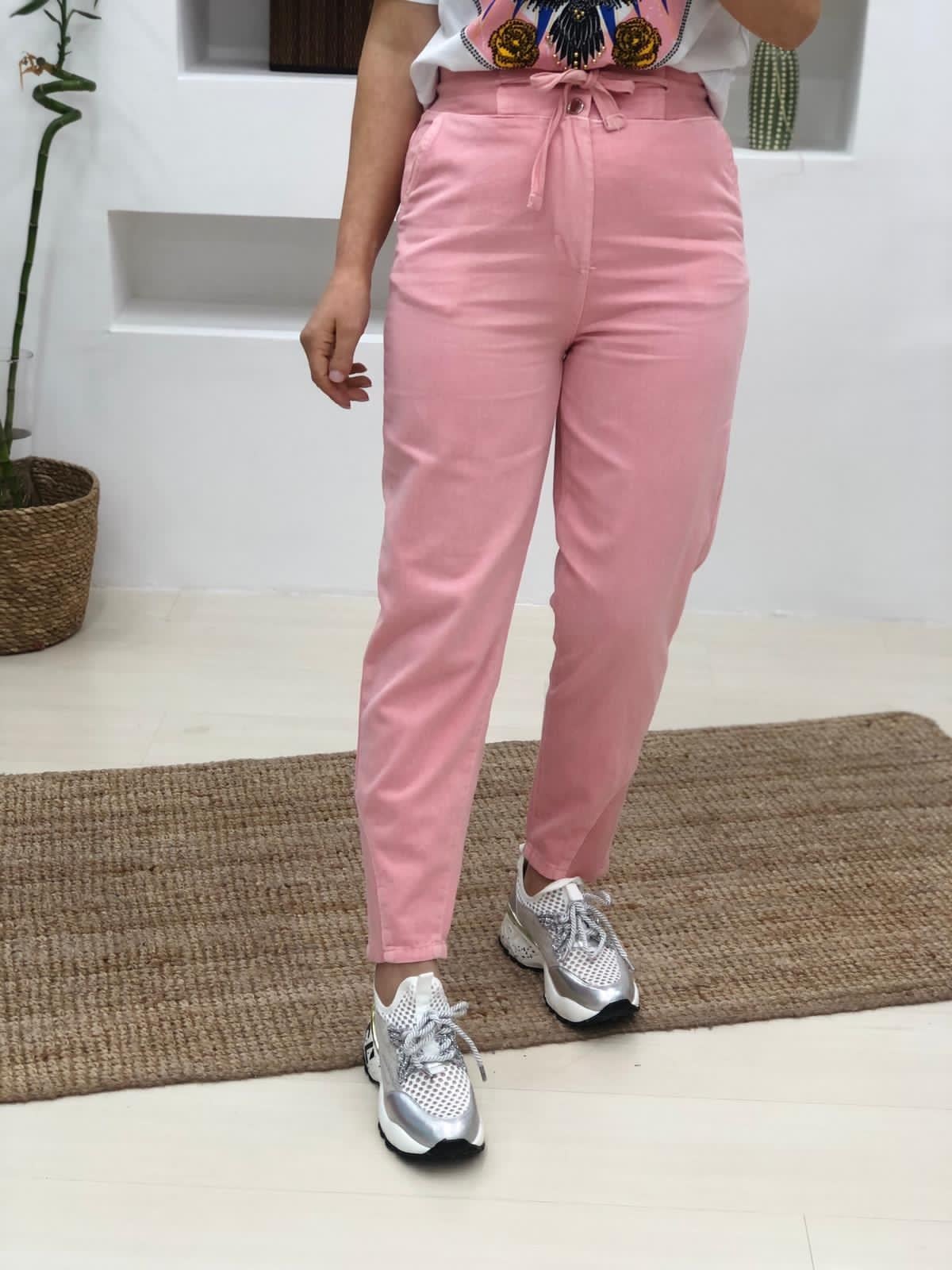 Bel Lastikli Ve İpli Paça Detaylı Keten Pantolon-Pembe