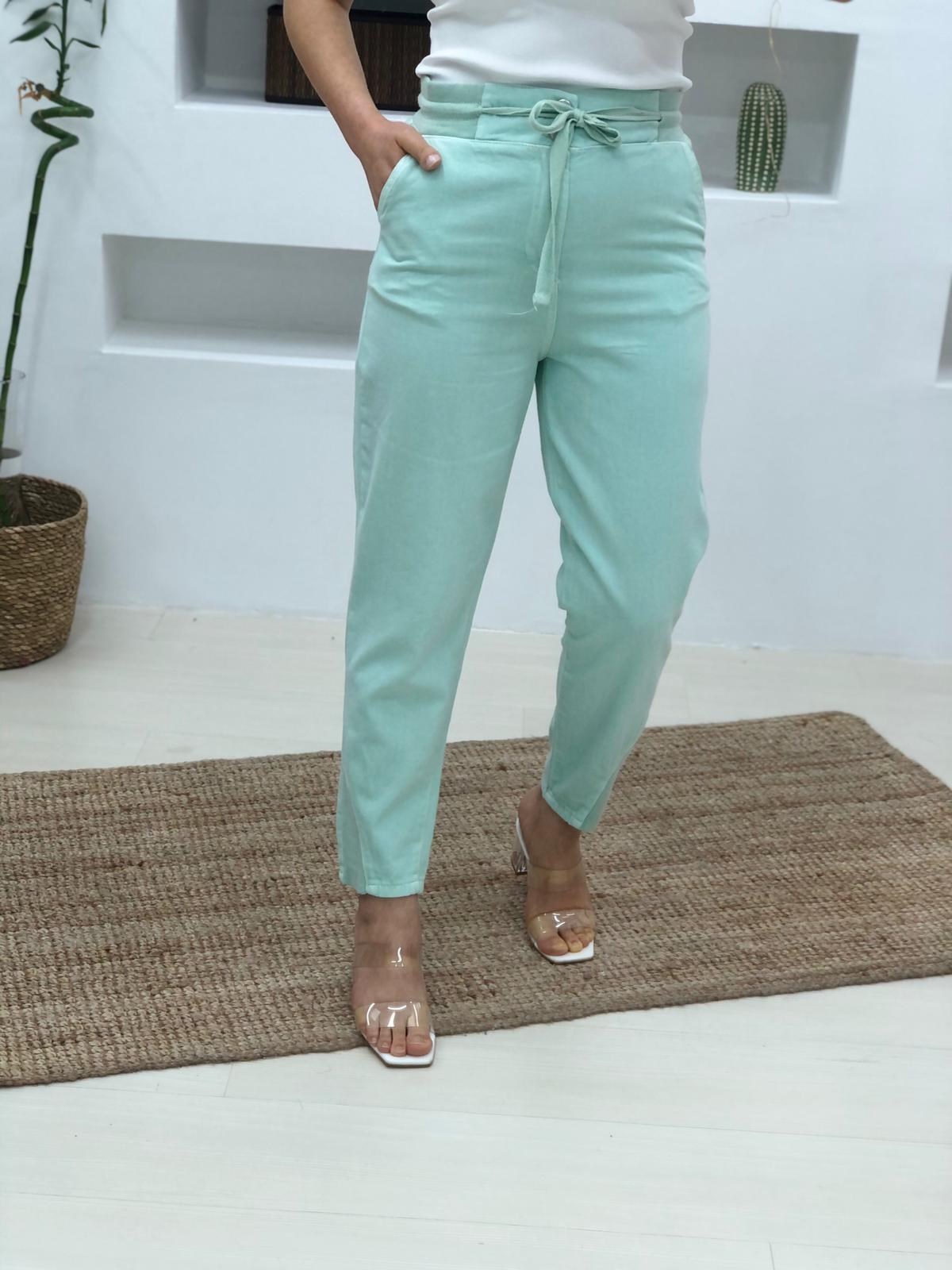 Bel Lastikli Ve İpli Paça Detaylı Keten Pantolon-Mint