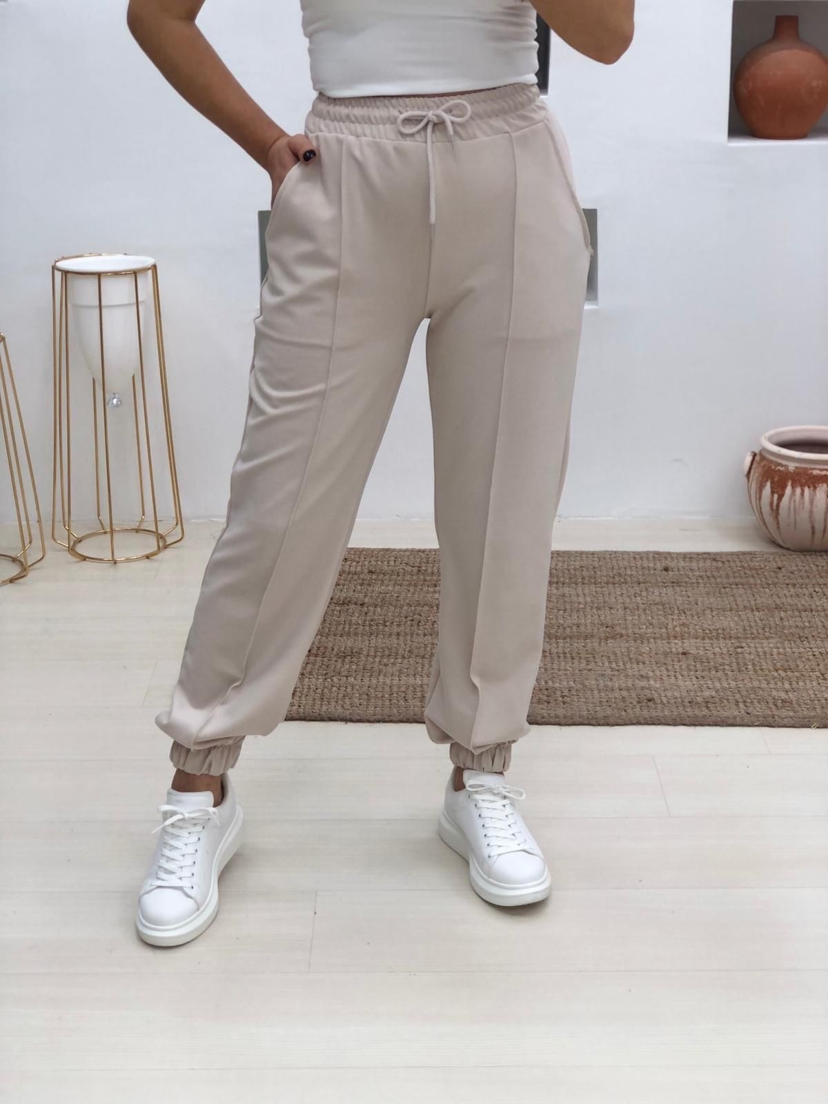 Beli İpli Paçası Lastikli Cepli Eşofman Pantolon-Bej