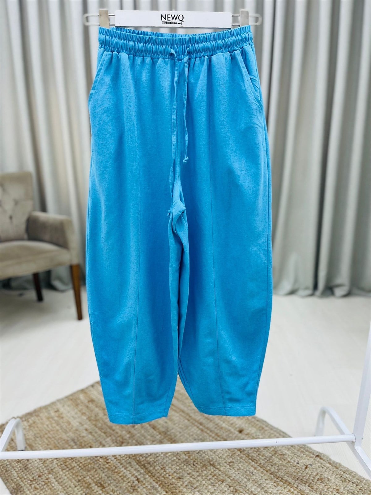 Boyfrend Bel Lastikli Keten Bol Pantolon-Mavi