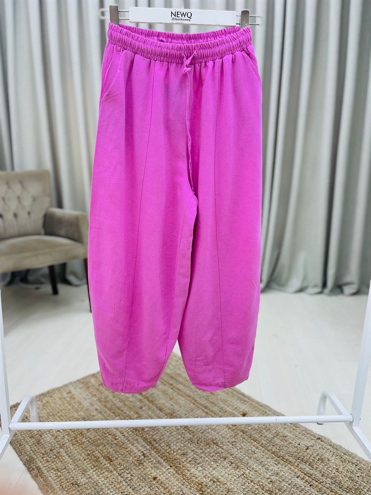 Boyfrend Bel Lastikli Keten Bol Pantolon-Fuşya
