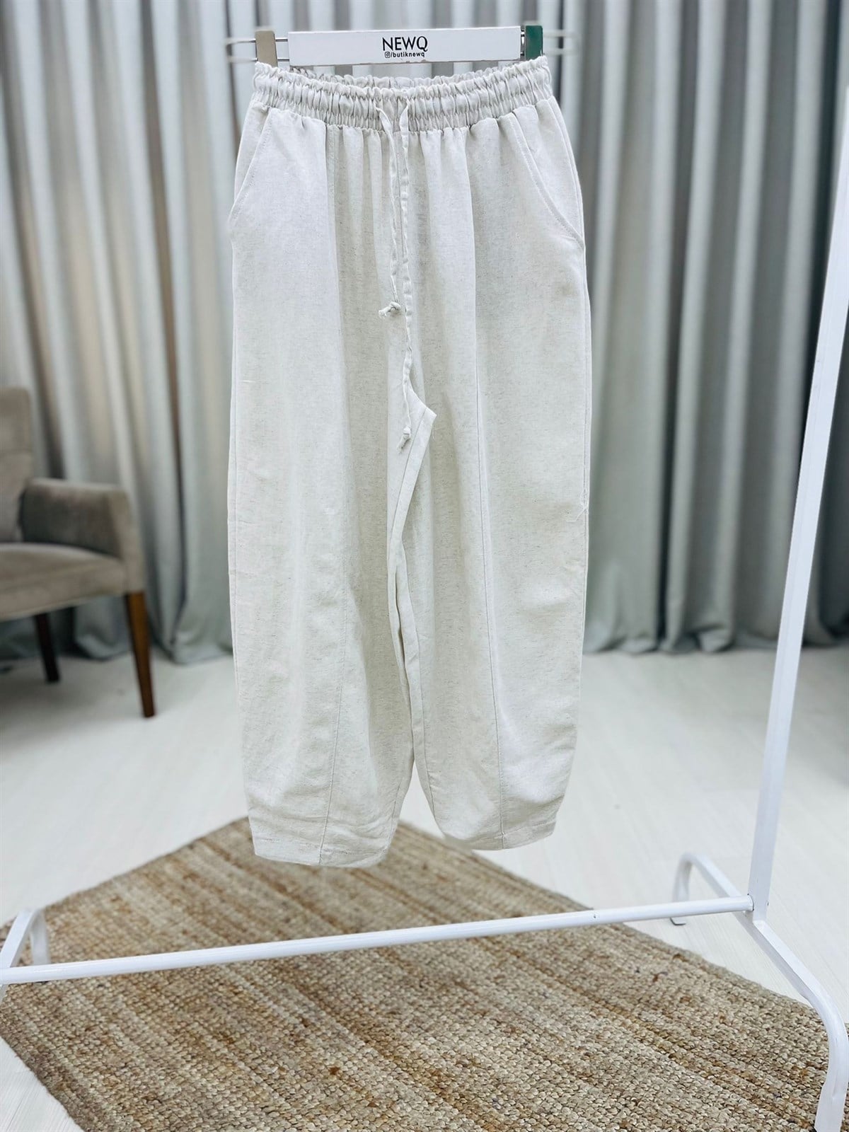 Boyfrend Bel Lastikli Keten Bol Pantolon-Bej