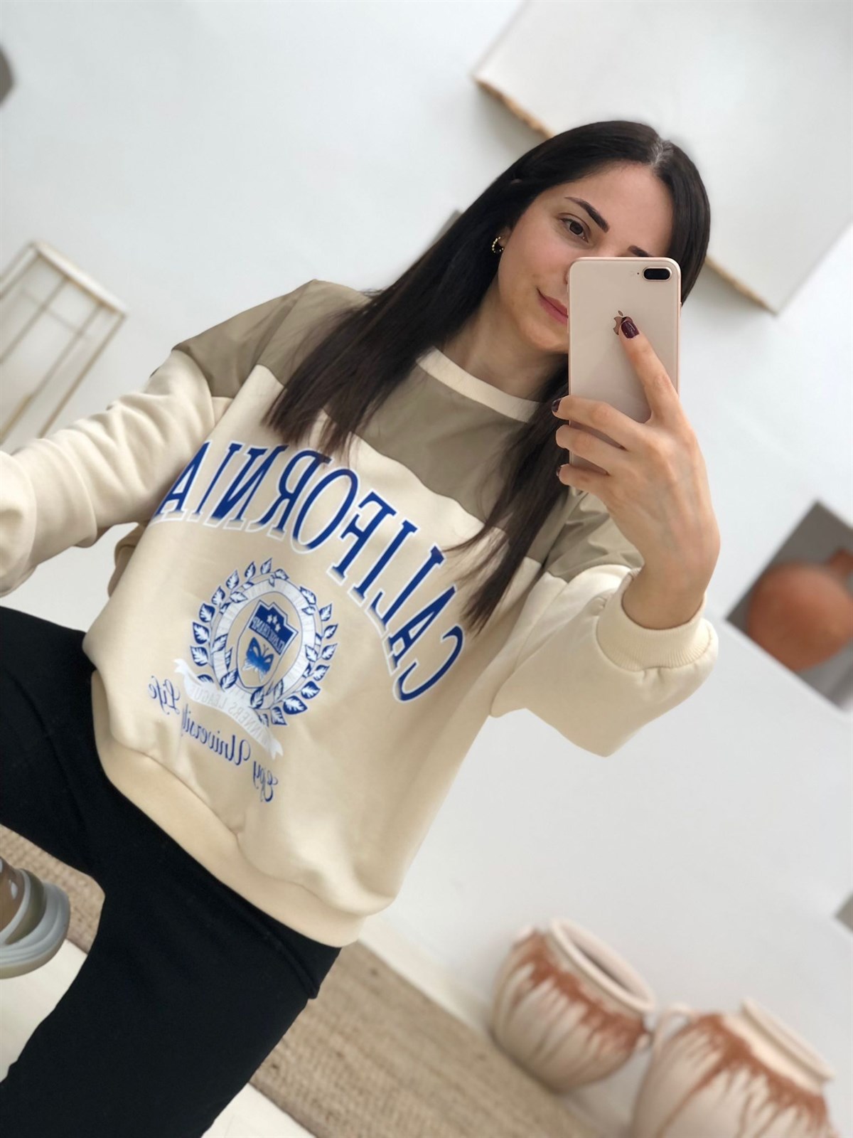 California Baskılı Salaş Sweatshirt-Bej