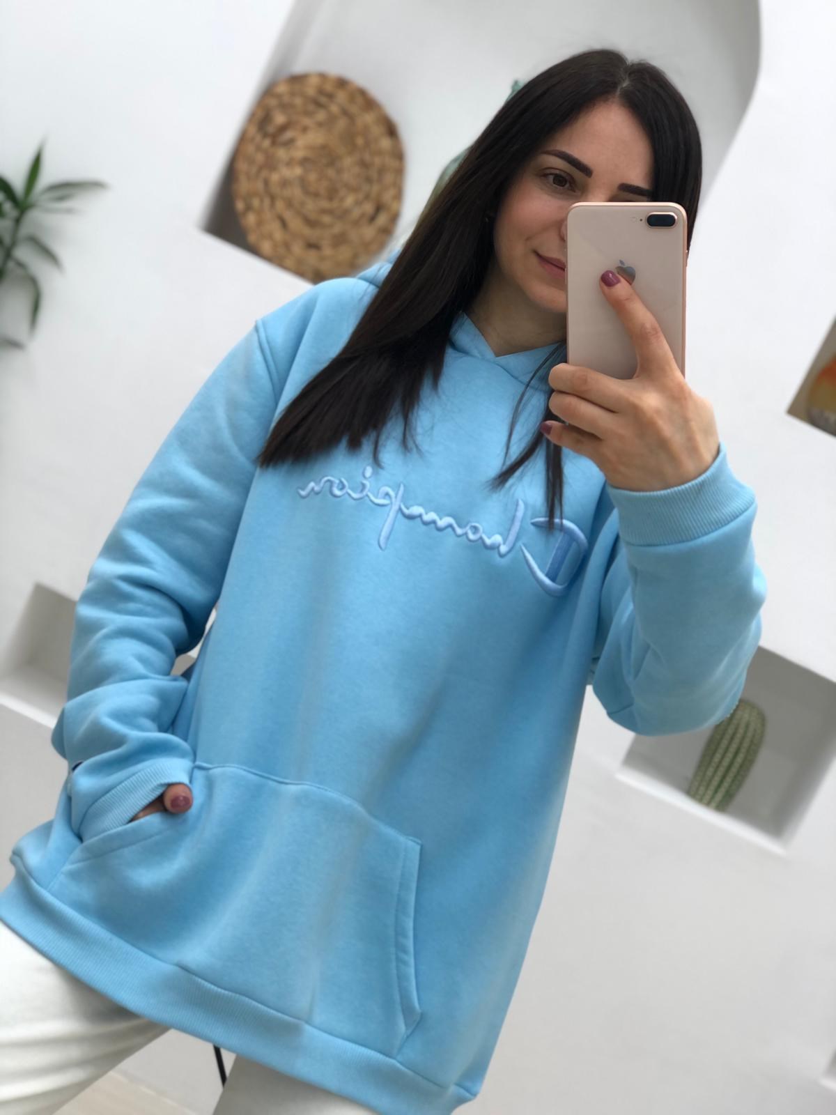 Champion Nakışlı Kapişonlu Salaş Sweatshirt-Mavi