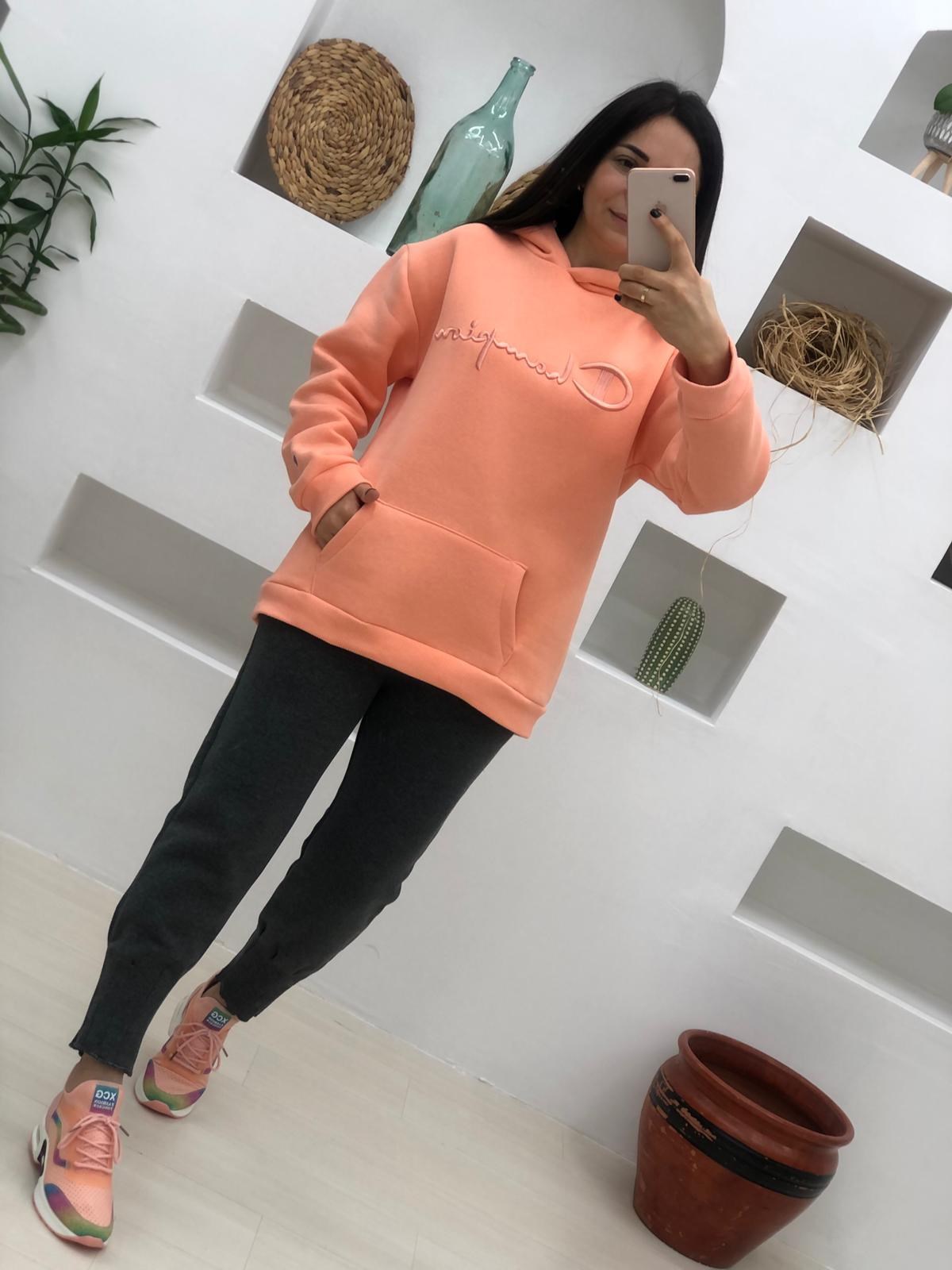 Champion Nakışlı Kapişonlu Salaş Sweatshirt-Pembe
