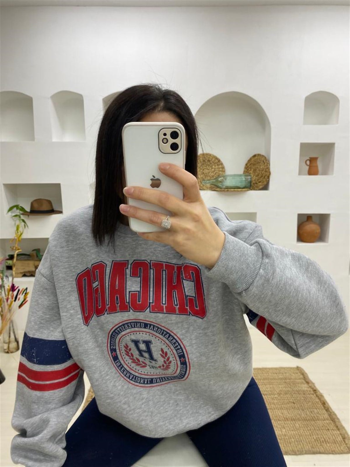 Chicago Baskılı Kalın Kumaş Üç İplik İçi Şardonlu Sweatshirt-Gri