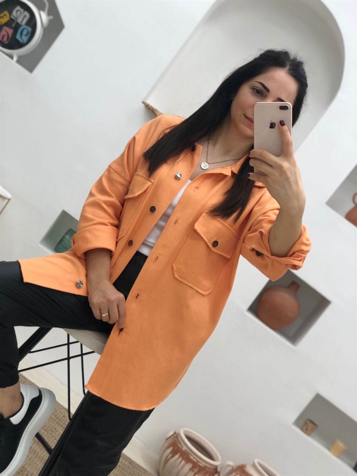 Çift Büyük Cepli Gömlek Ceket-Oranj