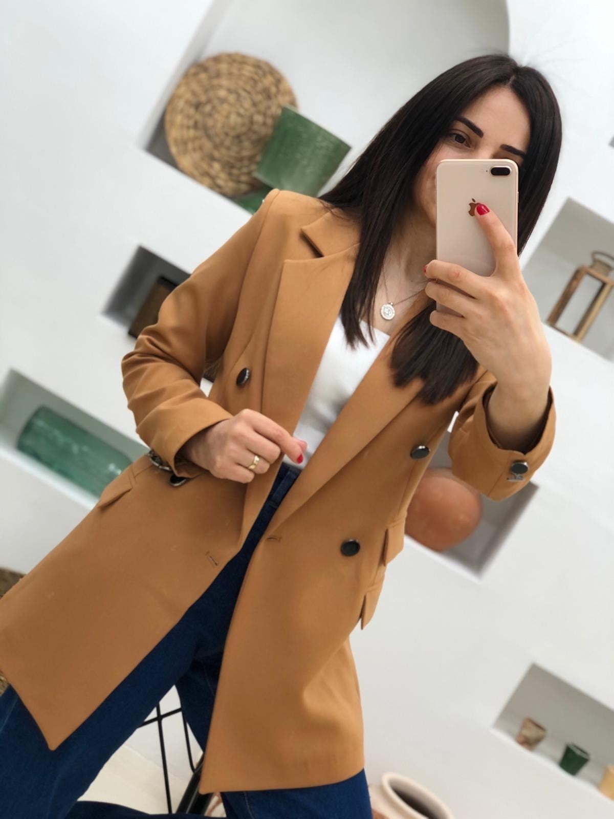 Çift Cepli Düğmeli Ceket-Camel