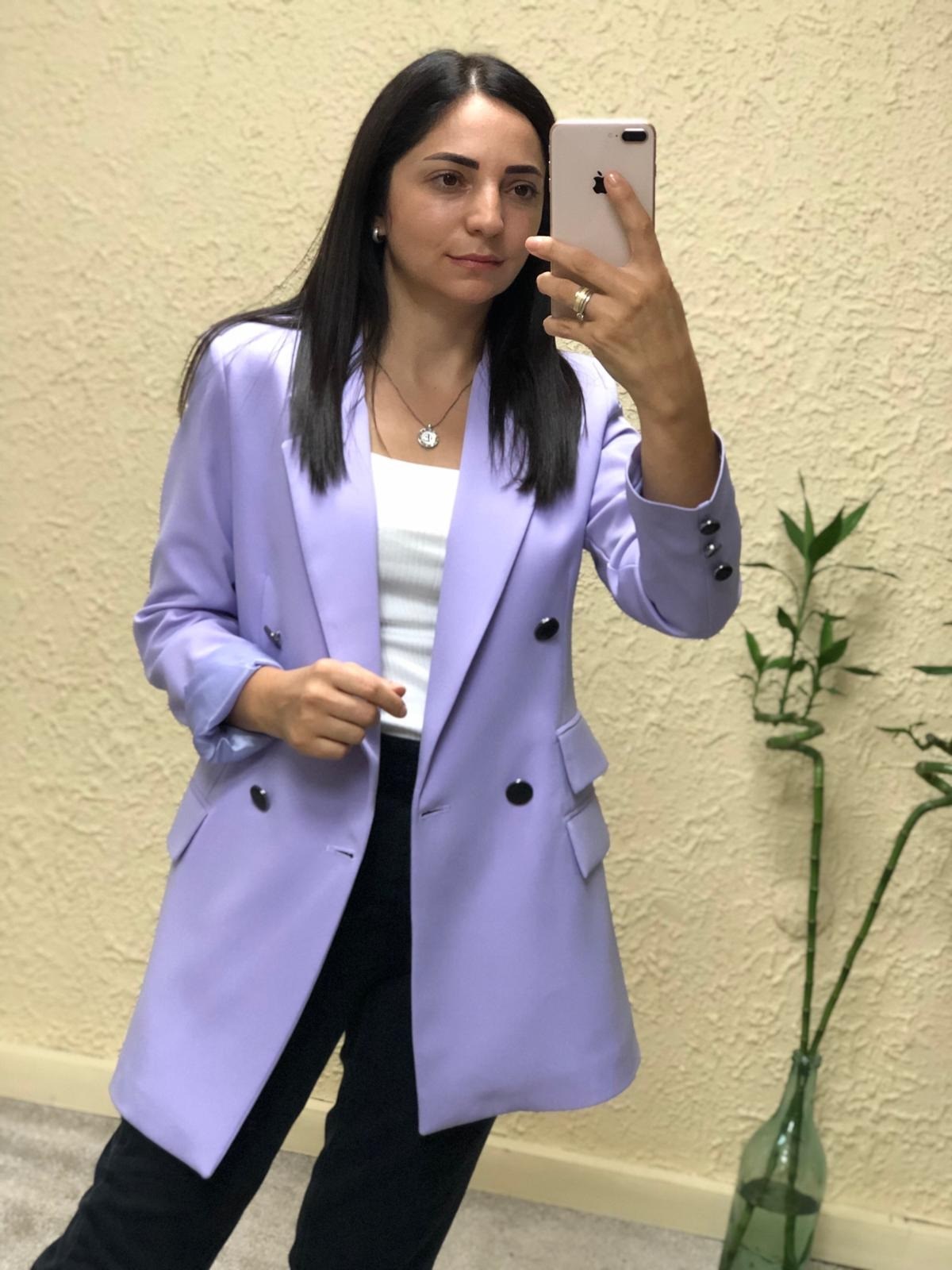 Çift Cepli Düğmeli Ceket-Lila