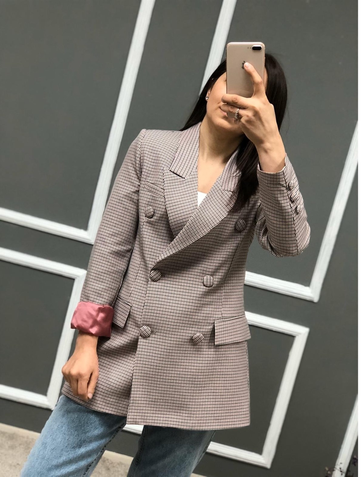 Desenli Düğmeli Astarı Pembe Ceket