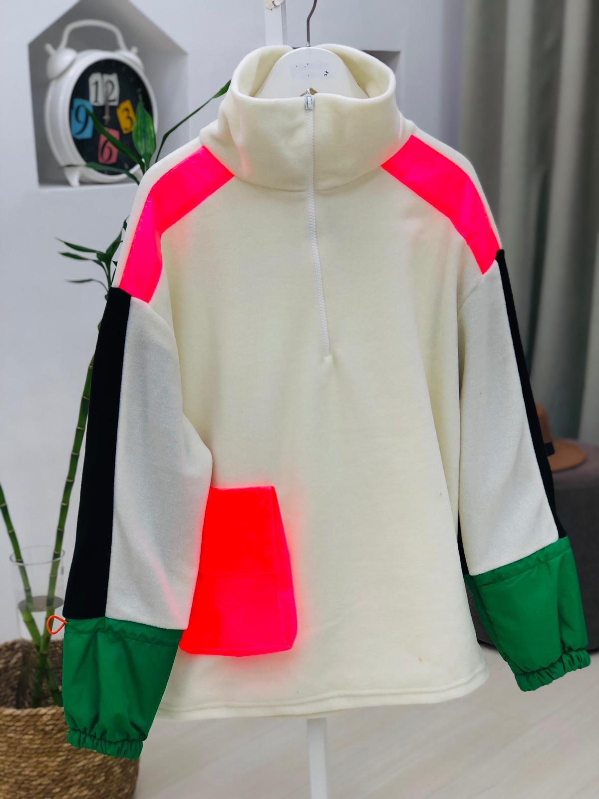 Dik Yaka Yakası Fermuarlı Peluş Sweatshirt-Ekru