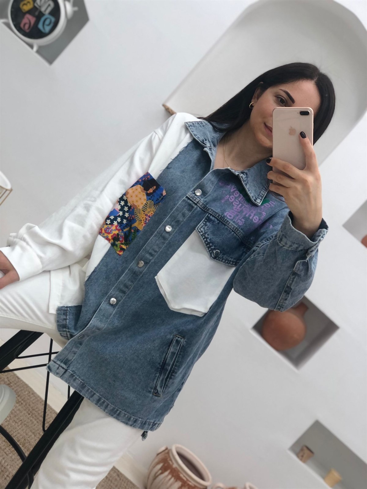 Düğmeli İki Desen Cepli Denim Ceket-Beyaz