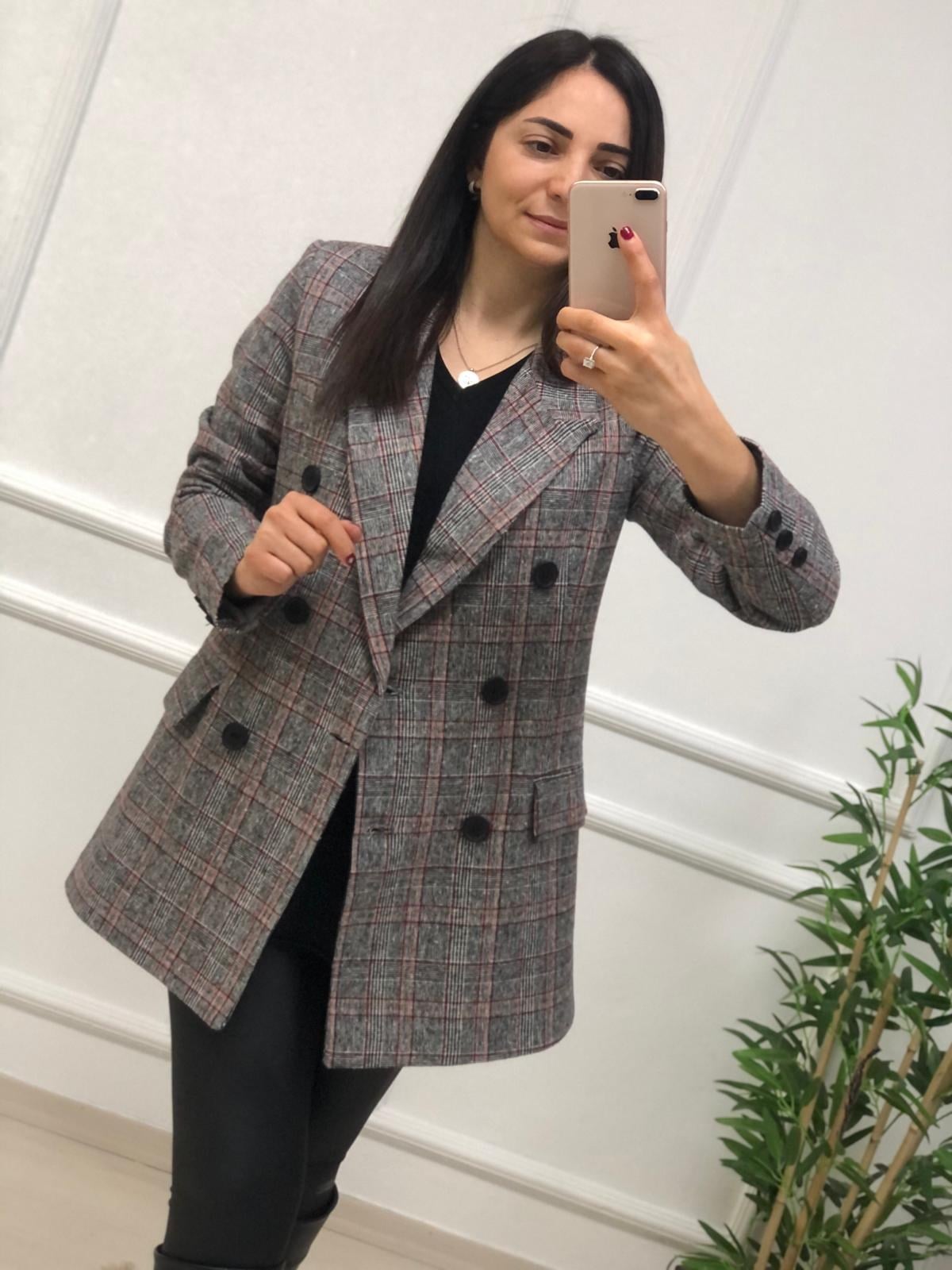 Ekose Desen Düğmeli Desenli Ceket-Bordo-Gri