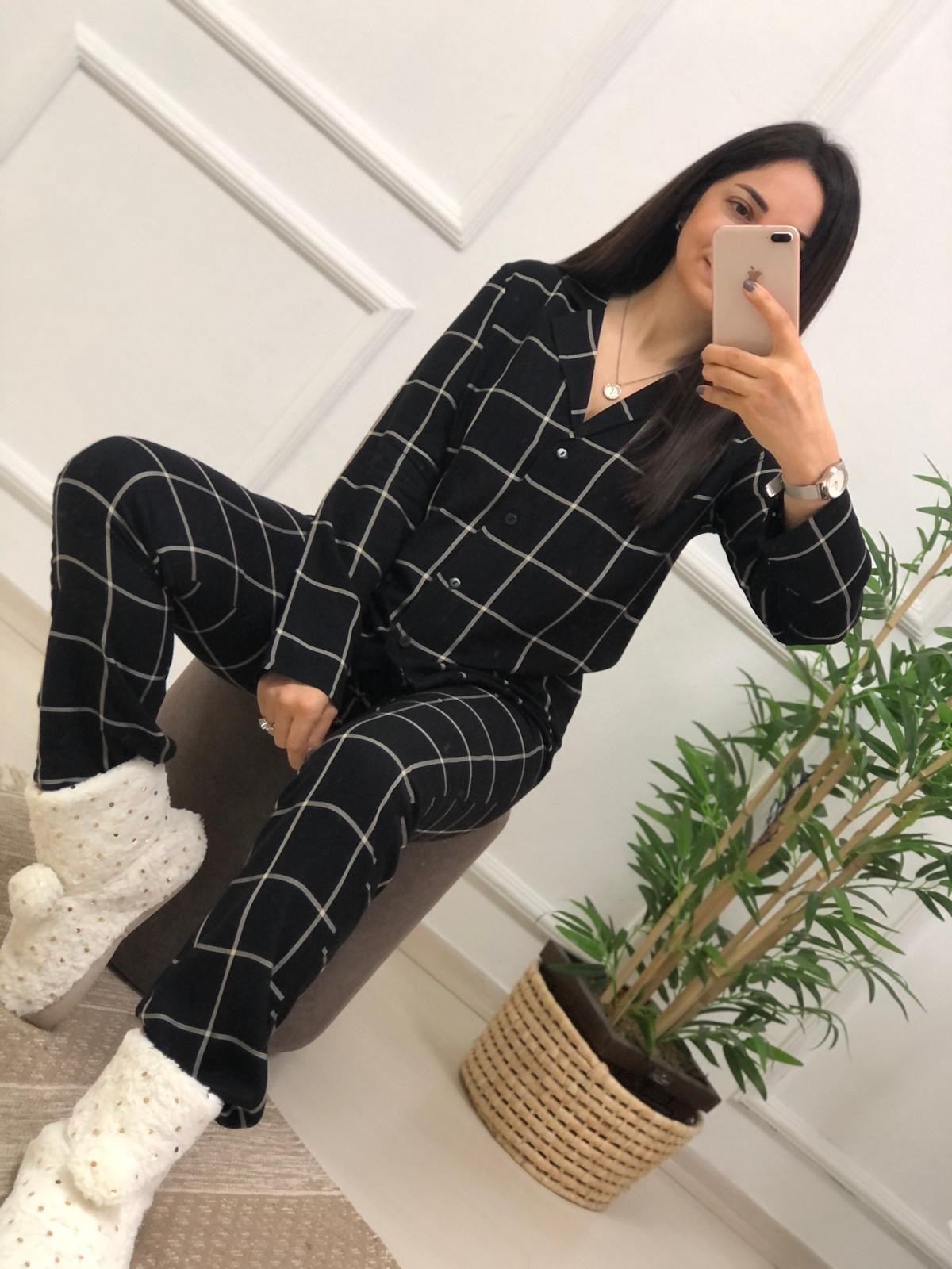 Ekose Desen Pijama Takımı-Siyah