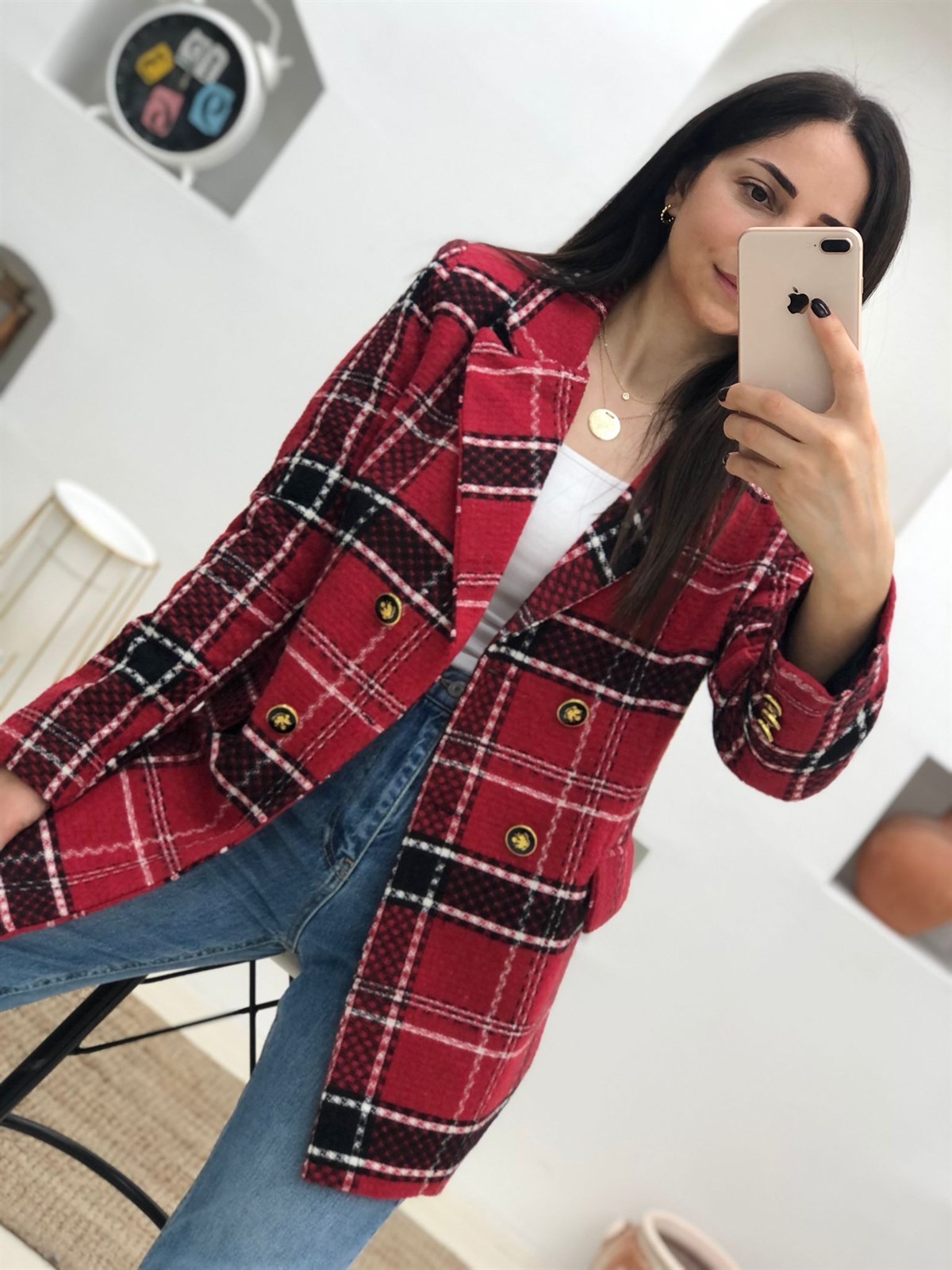 Ekose Desen Sarı Düğmeli Astarlı Ceket-Kırmızı