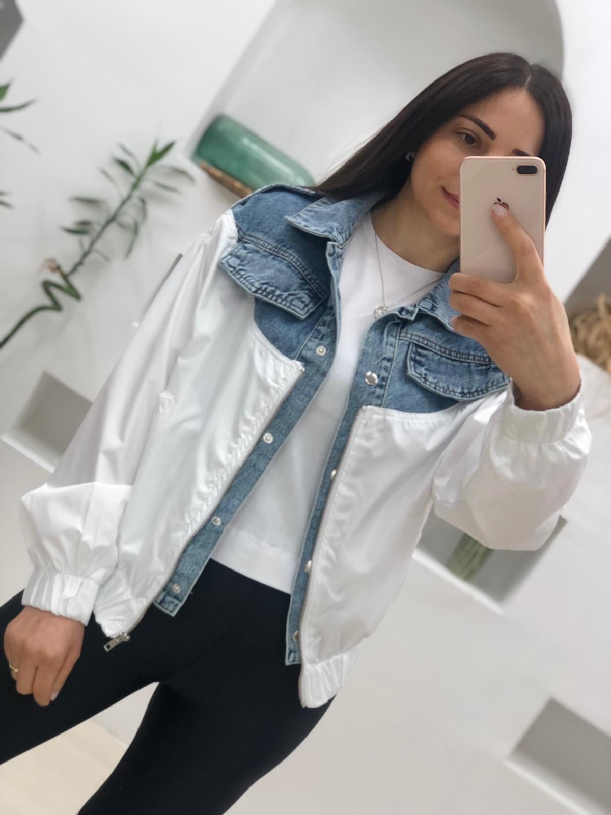 Fermuarlı Denim Detaylı Mevsimlik Ceket-Beyaz