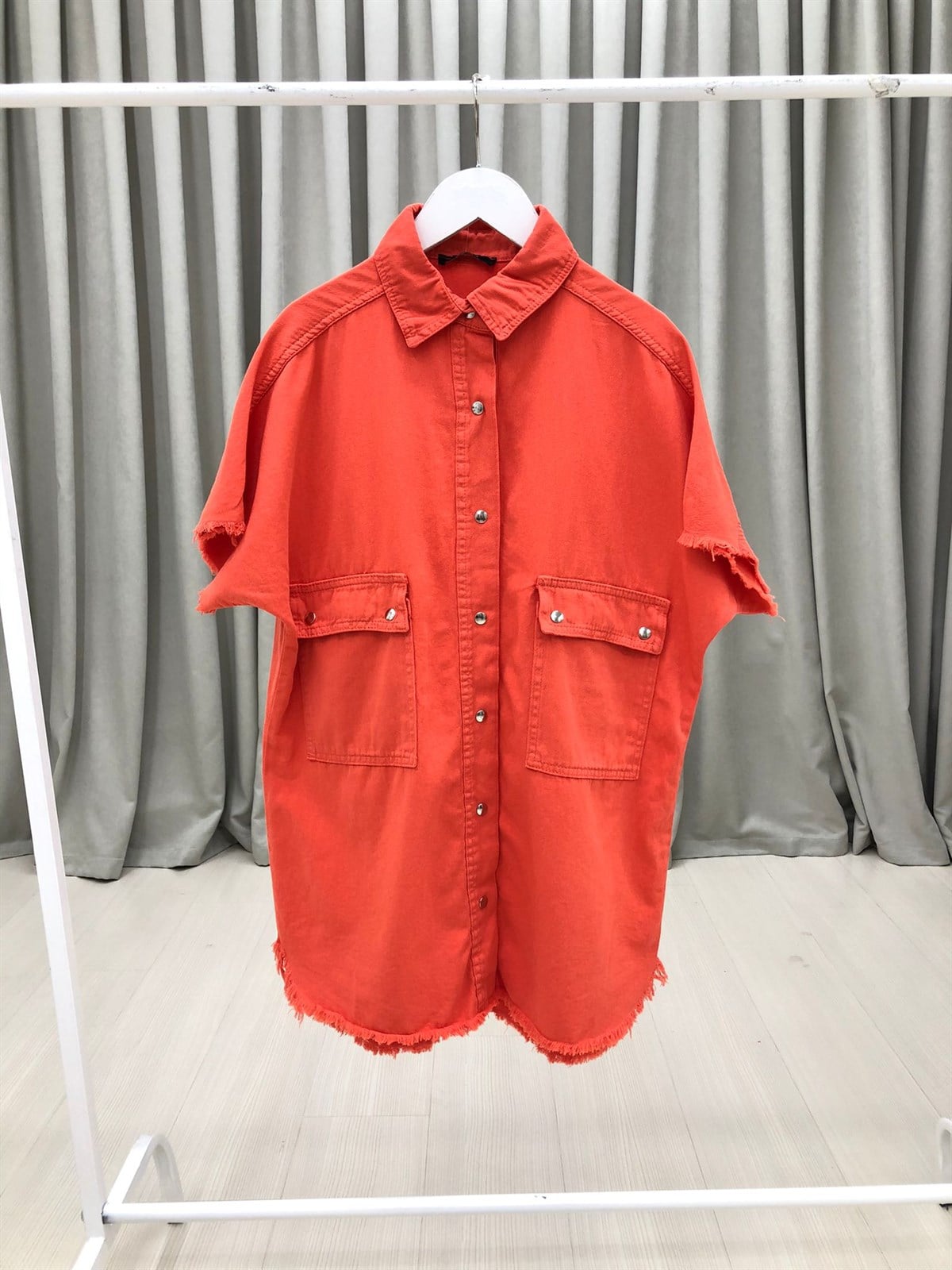 Gabardin Kumaş Altı Saçaklı Cepli Gömlek-Narçiçeği