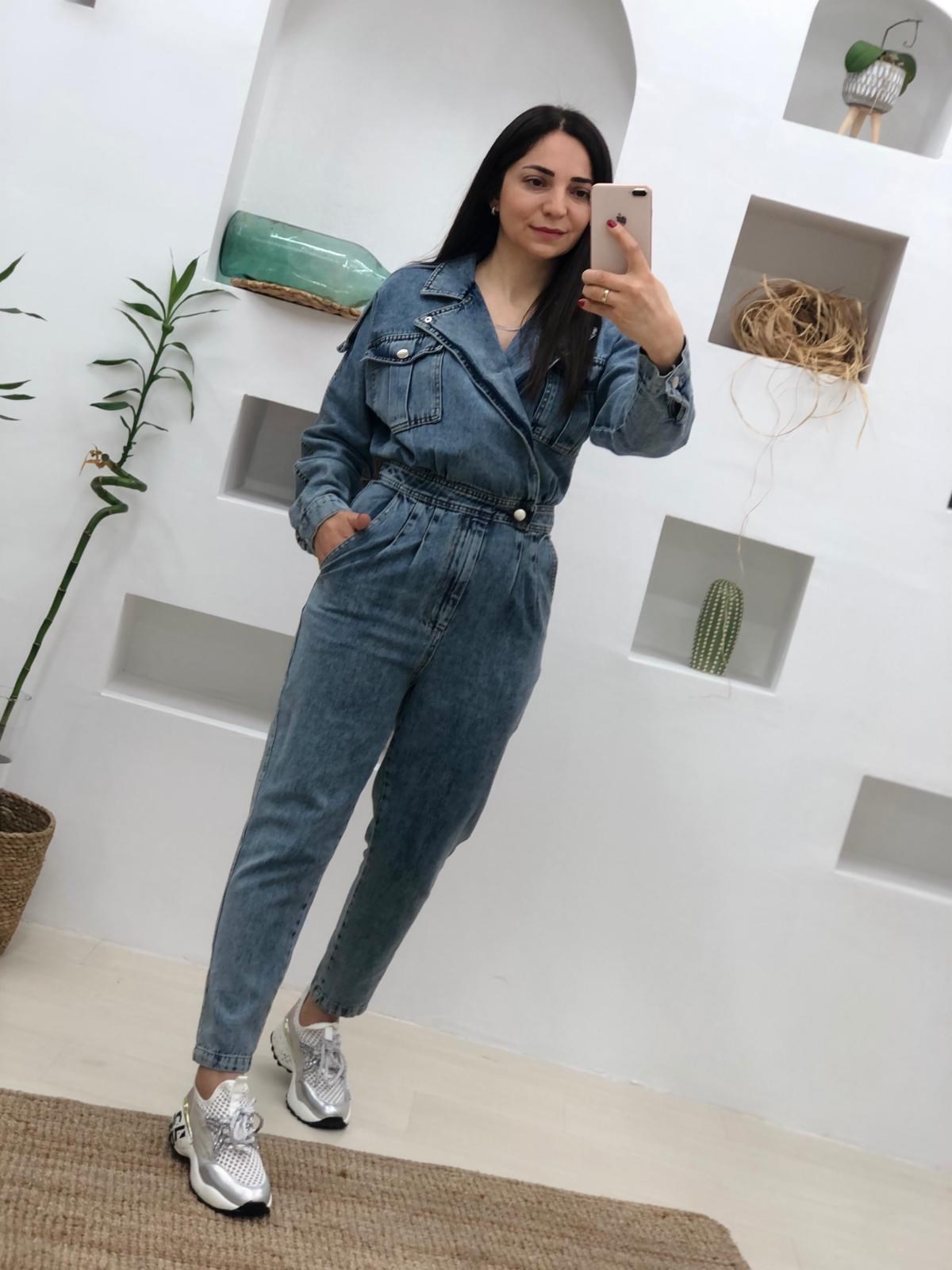 Geniş Yakalı Denim Tulum-Mavi