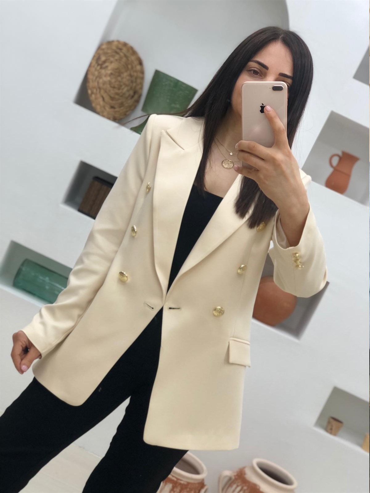 Gold Düğmeli Ara Boy Ceket-Bej