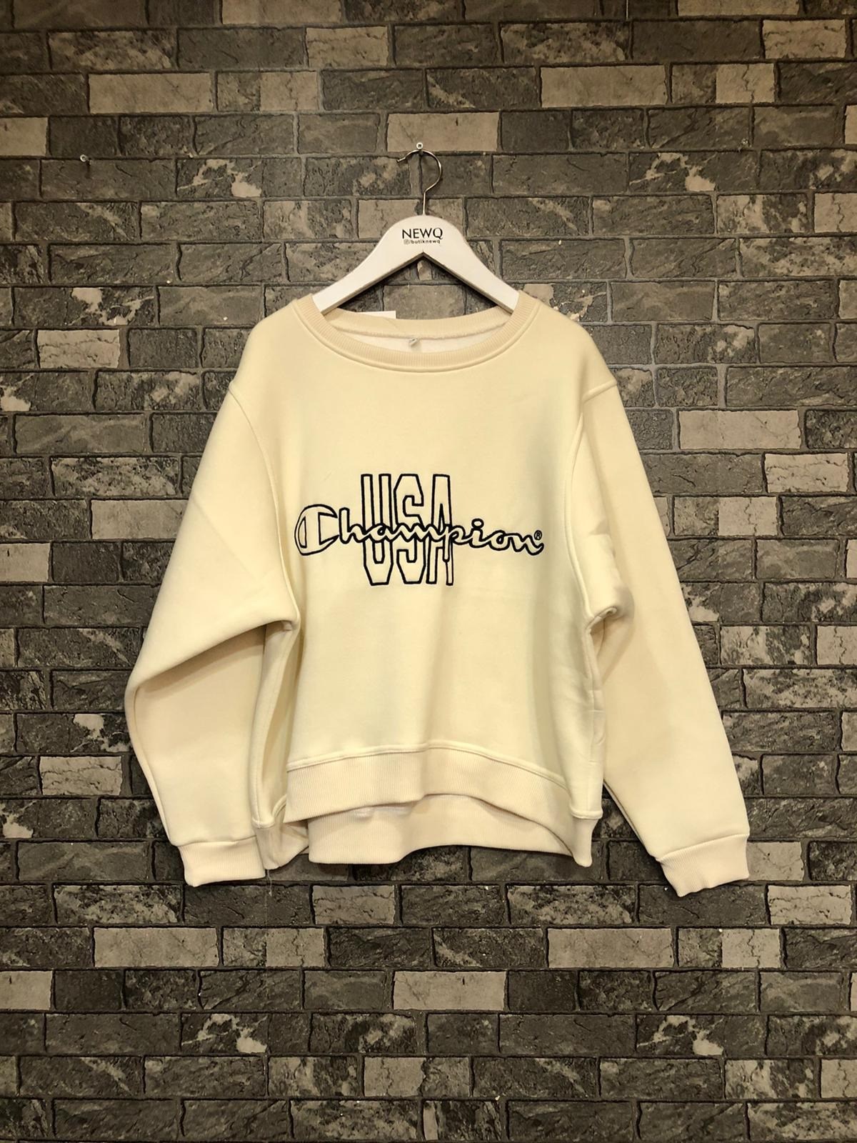 İçi Polarlı Kalın Yazılı Sweat-Bej