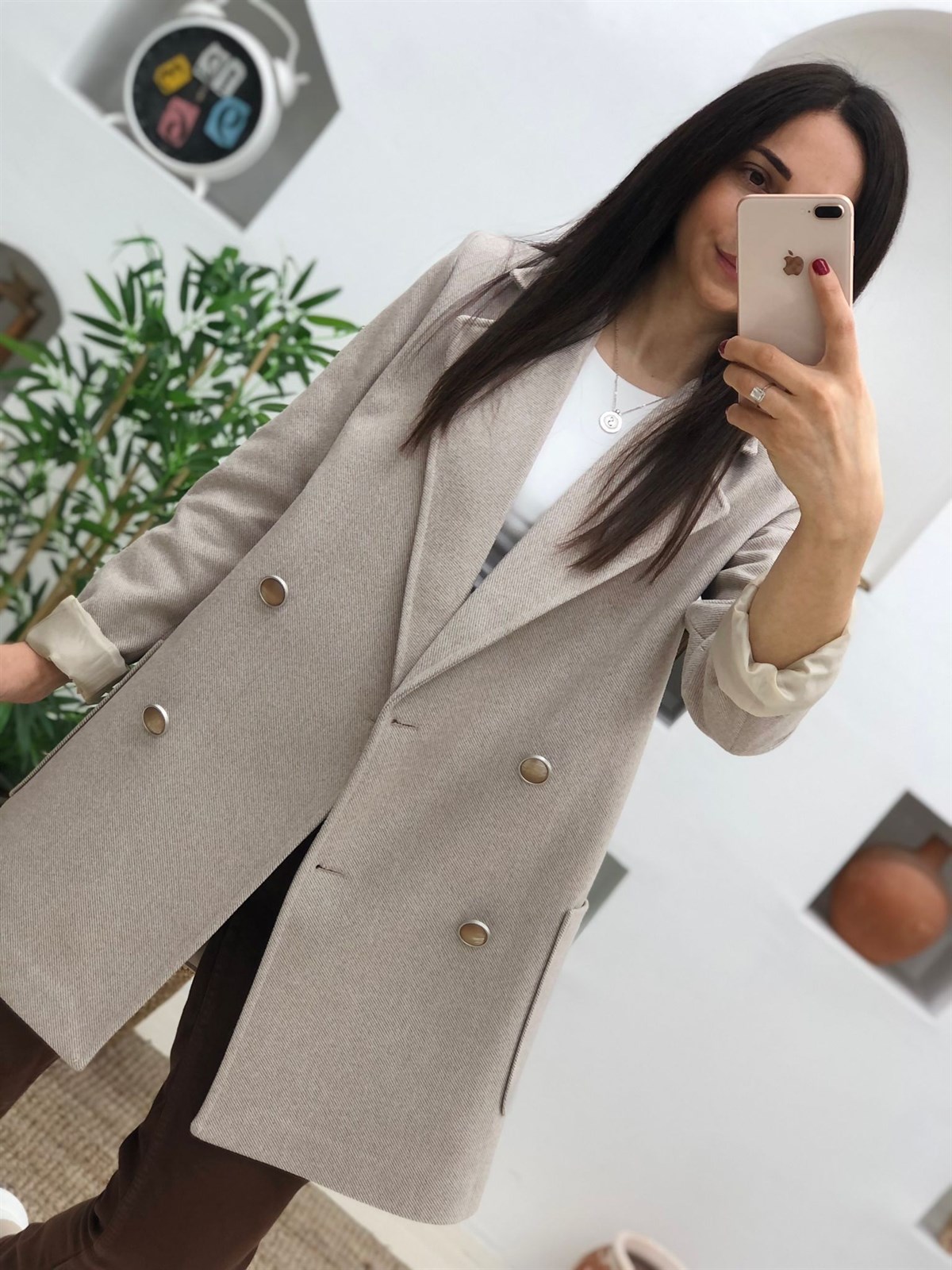 Kalın Kaşe Kumaş Torba Cep Düğmeli Ceket-Taş