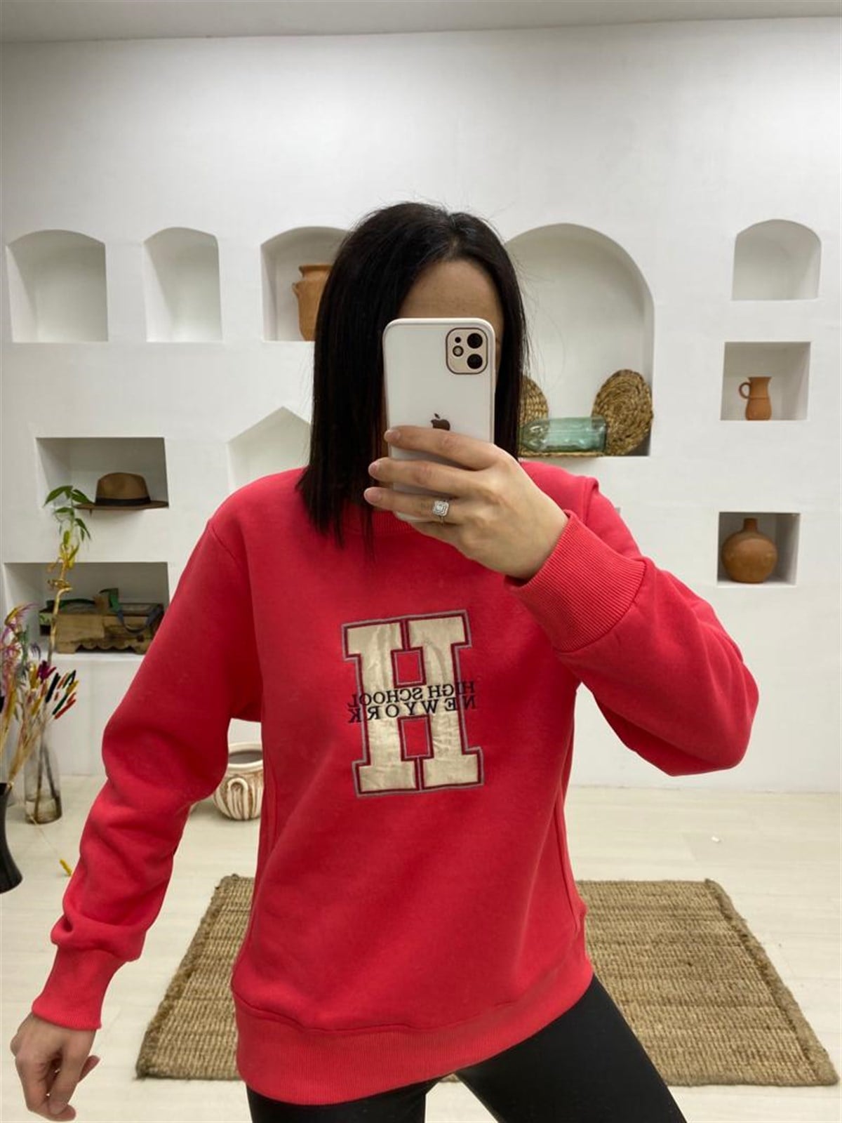 Kalın Kumaş Üç İplik İçi Şarbonlu Sweatshirt-Kırmızı