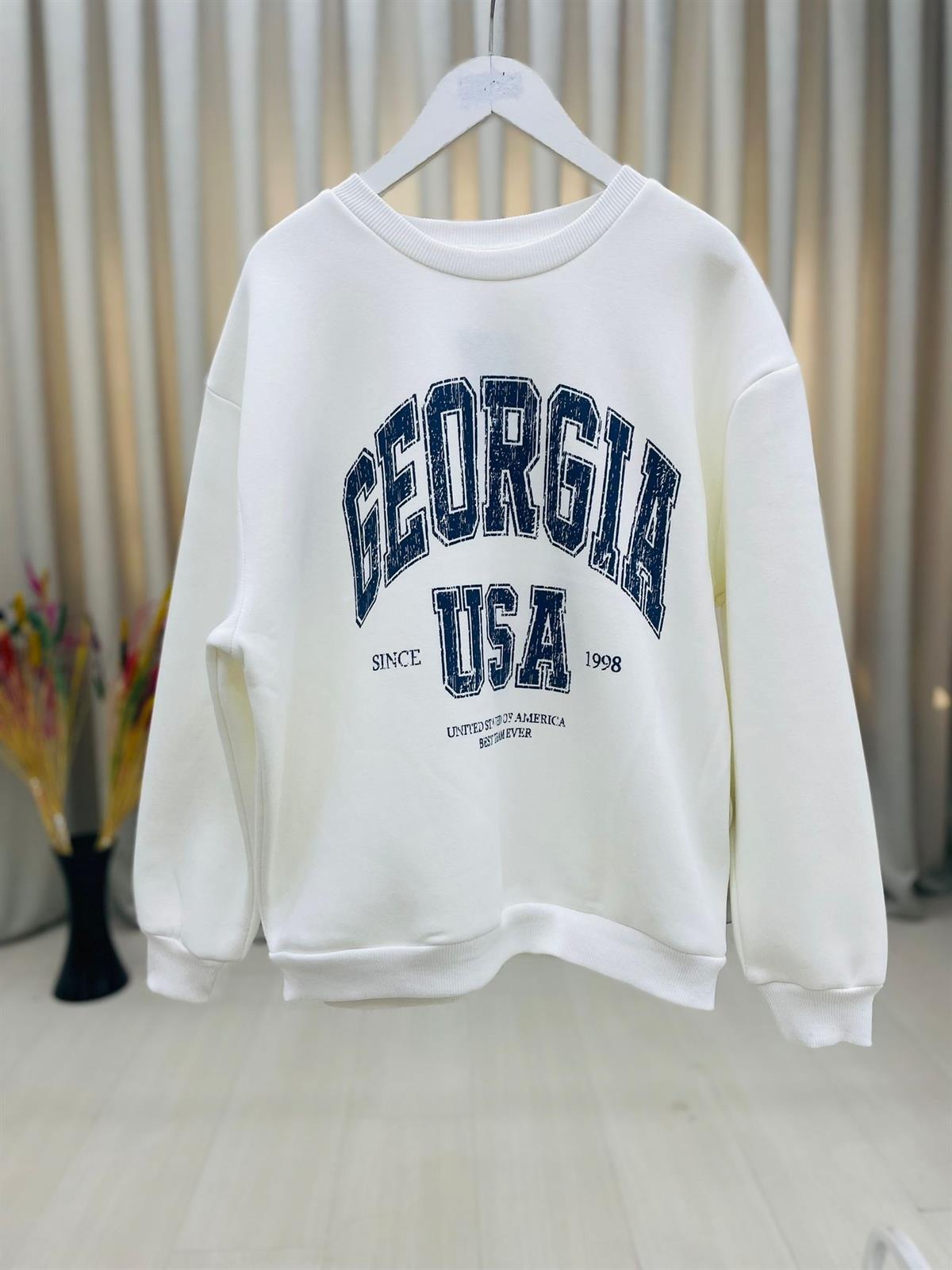 Kalın Kumaş Üç İplik Önü Basılı Salaş Sweatshirt-Beyaz