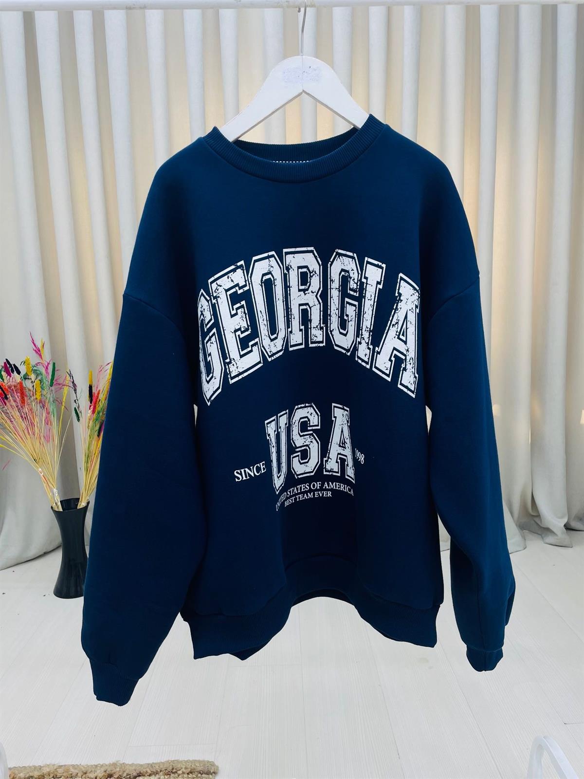 Kalın Kumaş Üç İplik Önü Basılı Salaş Sweatshirt-Lacivert